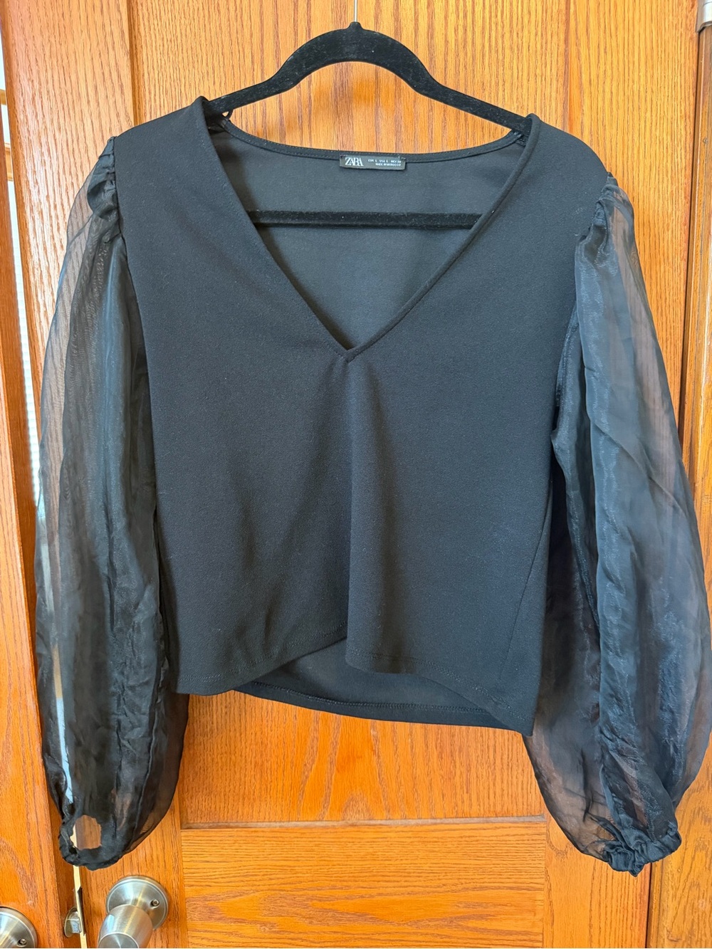 Zara Black V-Neck Top with Sheer Puff Sleeves
